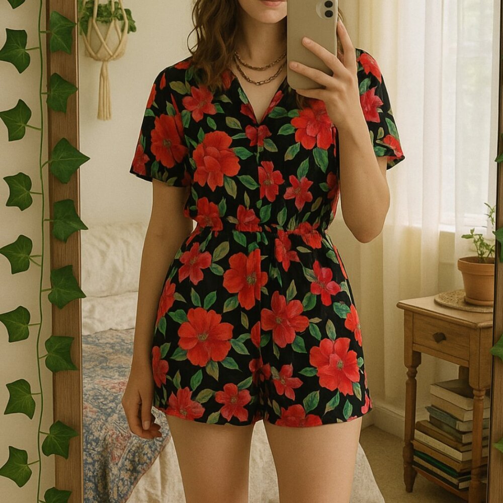 Caroline Wells Floral Romper Size 10 Black Rayon Vintage Boho Resort Preppy